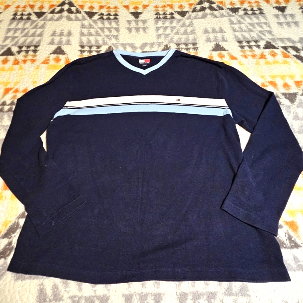 Tom Hilfiger Classic Navy Blue with Baby Blue and White Stripe Sweater Size XL